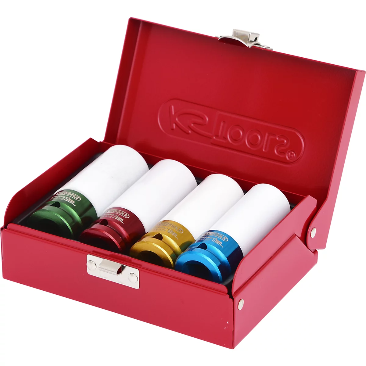 Ein roter Werkzeugkasten mit vier unterschiedlich farbigen Steckschlüsseln. Der Kasten ist offen.